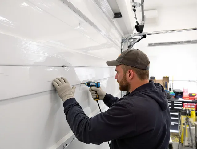 San Gabriel Garage Door Repair technician demonstrating precision dent removal techniques on a San Gabriel garage door