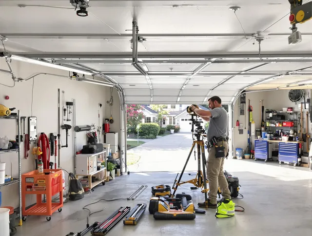 San Gabriel Garage Door Repair specialist performing laser-guided track alignment in San Gabriel